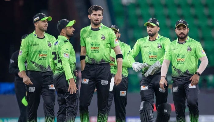 Lahore Qalandars Shaheen Shah Afridi (third from left) celebrates taking a wicket with teammates during their PSL 11 match against Multan Sultans at the Gaddafi Stadium in Lahore on April 3, 2026. — PCB