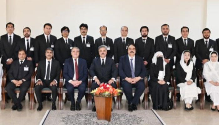 The Chief Justice of Pakistan, Justice Yahya Afridi, is seen in a group photo with a delegation of 24 senior civil judges from Khyber Pakhtunkhwa at the Supreme Court of Pakistan, on April 3, 2026. — PID
