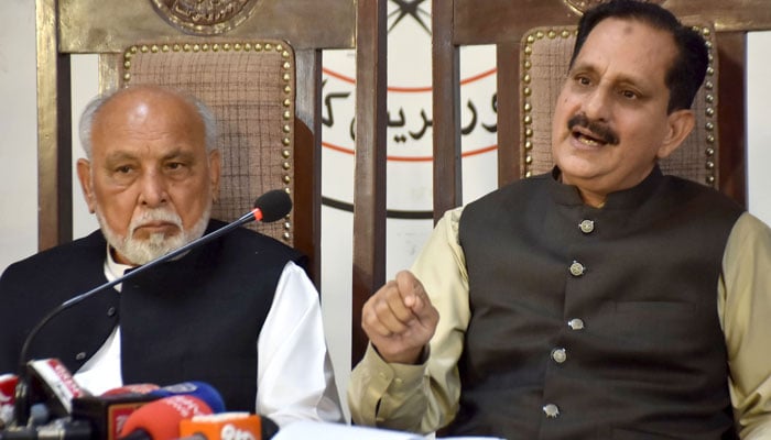 General Secretary Pakistan Tehreek-e-Insaf (PTI) Kisan Wing Ijaz Shafi addressing a press conference at Lahore Press Club, in Lahore on April 4, 2026. —  ONLINE