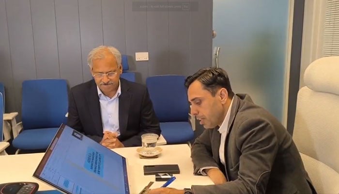 Wasa MD Ghufran Ahmed is seen in a meeting on April 1, 2026. — X@lahore_wasa/Screengrab