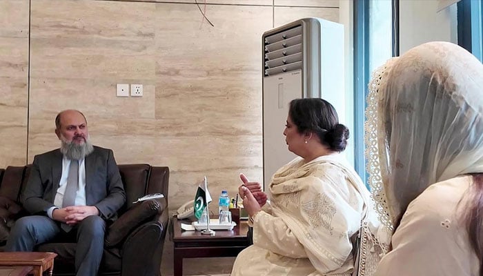 Coordinator to the Prime Minister on Climate Change Rozina Khurshid Alam is seen in a meeting with commerce minister Jam Kamal Khan on April 4, 2026. — APP