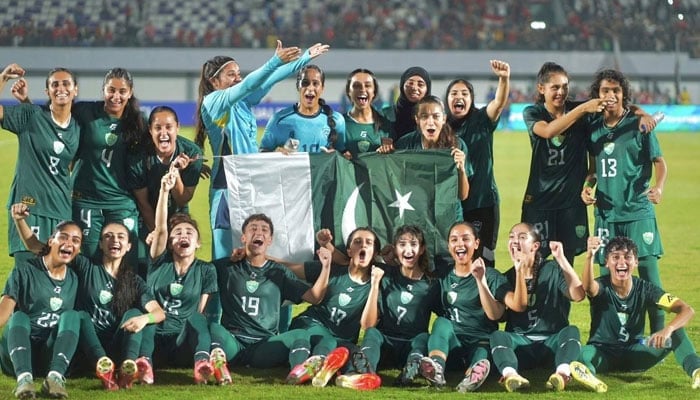 Pakistan players celebrate winning their AFC Womens Asian Cup Qualifiers match against Kyrgyz Republic at the Sport Centre Kelapa Dua Stadium in Tangerang on July 5, 2025. — PFF