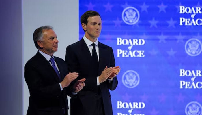 US President Donald Trumps son-in-law, Jared Kushner, and US Special Envoy Steve Witkoff take part in a charter announcement for US President Donald Trumps Board of Peace initiative aimed at resolving global conflicts, alongside the 56th annual World Economic Forum (WEF), in Davos, Switzerland, January 22, 2026. —Reuters