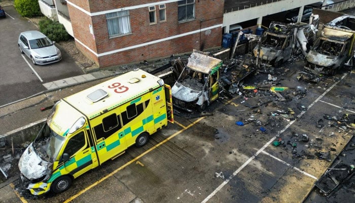 The destroyed ambulances are parked next to a synagogue in Londons Golders Green district. —AFP/File