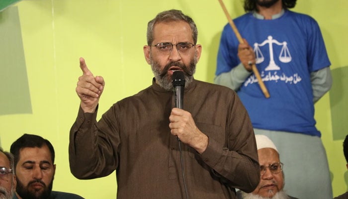 Karachi Jamaat-e-islami (JI) chief Monem Zafar addressing an event on April 3, 2026. — Facebook@Khijamaat