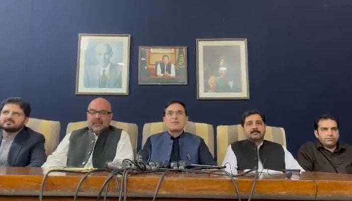 The PTI leaders are addressing a press conference on April 3, 2026. — Facebook@PTIOfficial/Screengrab