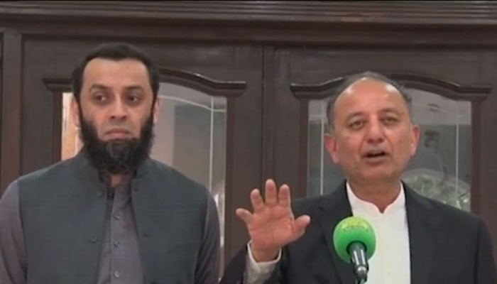 Federal Minister for Information and Broadcasting Attaullah Tarar and Federal Minister for Climate Change Dr Musadik Malik addressing a press on April 4, 2026. — X@Team_Musadik/Screengrab