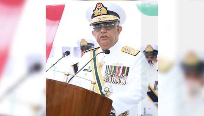 Chief of the Naval Staff Admiral Naveed Ashraf addressing during Induction Ceremony of PNS Khaibar. —Facebook@DgprNavy