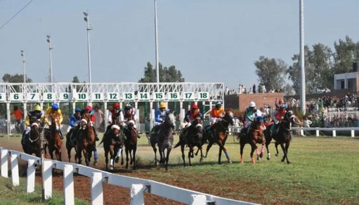This still taken from a video released on November 13, 2023, shows participants during a horse race in Lahore. — YouTube/Pakistan Horse Racing