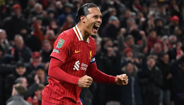 Liverpools Virgil van Dijk celebrates scoring their fourth goal. —Reuters/File