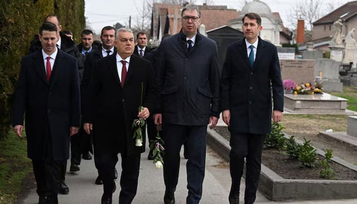 Serbian President Aleksandar Vucic meets Hungarian Prime Minister Viktor Orban in Subotica, Serbia, November 27, 2025.—Reuters