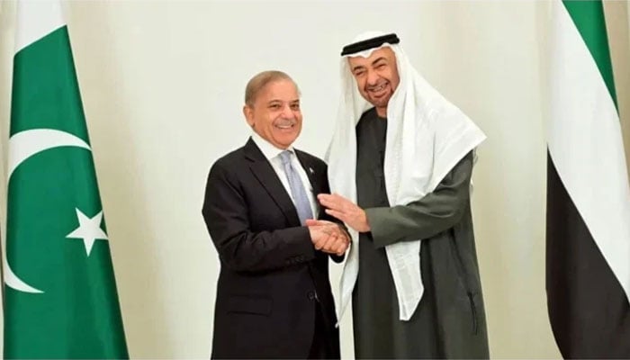 Prime Minister Shehbaz Sharif and President of UAE Sheikh Mohamed bin Zayed Al Nahyan meet in Abu Dhabi on May 23, 2024. — PID