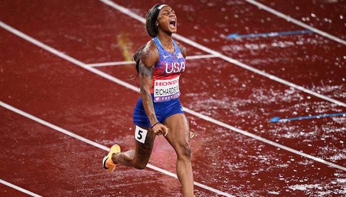 ShaCarri Richardson of the US celebrates after crossing the finish line to win the final.—Reuters