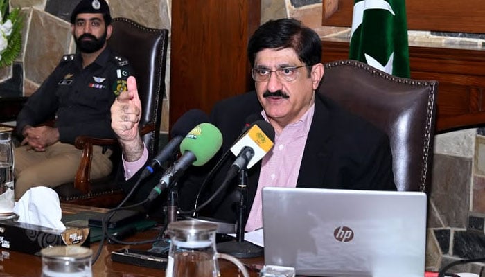 Sindh Chief Minister Syed Murad Ali Shah addresses a press conference at the CM House to launch a digital registration system for a targeted motorcycle fuel subsidy programme on April 6, 2026. — Facebook@SindhCMHouse