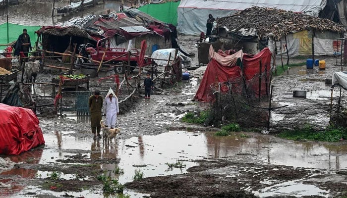 People walk through a pool of water near makeshift shelters after heavy rainfall in Peshawar on April 3, 2026. — AFP