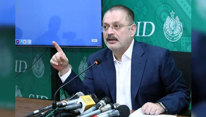 Sindh Senior Minister for Information Sharjeel Inam Memon addresses media persons during a press conference in Karachi on May 26, 2025. — PPI
