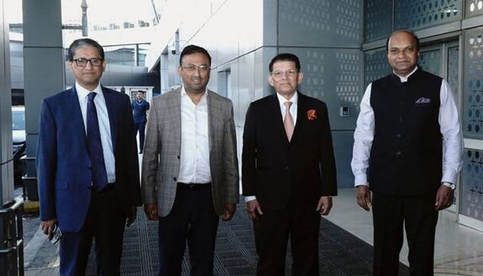 Bangladesh’s Foreign Minister Khalilur Rahman (2nd right) is received by B. Shyam (right), joint secretary of the Ministry of External Affairs, New Delhi, April 7, 2026. —Ministry of External Affairs, India