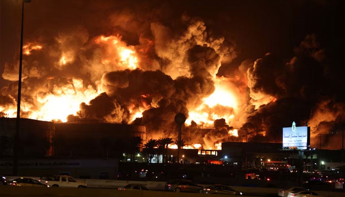 A view of a fire at Saudi Aramcos petroleum storage facility, after an attack, in Jeddah, Saudi Arabia March 25, 2022.—Reuters