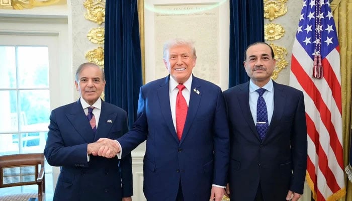 (Left to right) Prime Minister Shehbaz Sharif, US President Donald Trump, and Field Marshal Asim Munir pose for a photo at the White House in Washington, on September 25, 2025. — X@GovtofPakistan