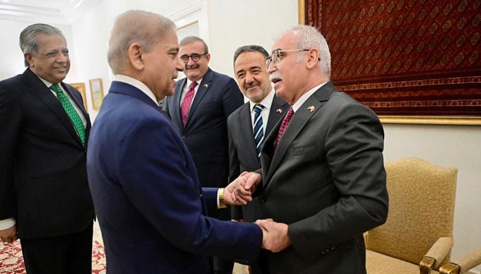 A delegation of the Constitutional Court of Turkiye led by the president of the Constitutional Court Kadir Ozkaya calls on Prime Minister Shehbaz Sharif, on April 7, 2026. — PID