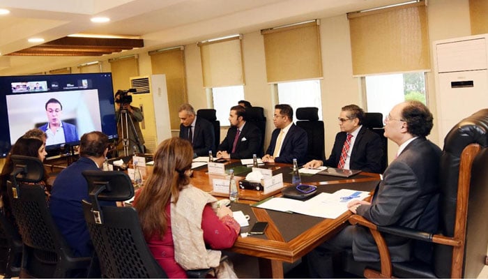 Minister for Finance Muhammad Aurangzeb holds a virtual session with over 250 global institutional investors on April 7, 2026. — PID