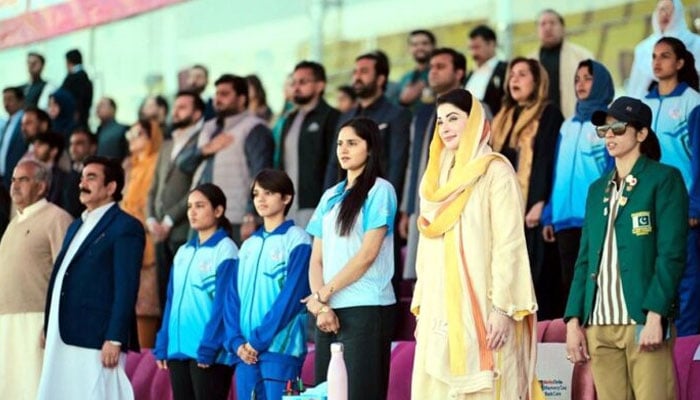 Punjab Chief Minister Maryam Nawaz Sharif standing during the national anthem at the Khelta Punjab Pink Games. —APP/File
