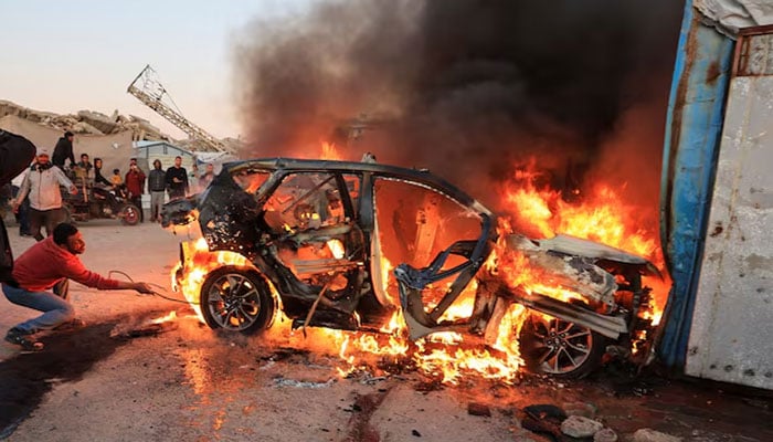 A vehicle burns following an Israeli strike that killed Al Jazeera journalist Mohammad Weshah, according to medics, in Gaza City, April 8, 2026.—Reuters