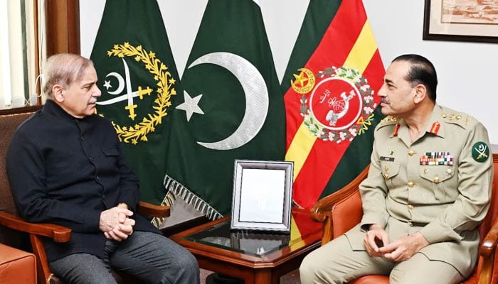 Prime Minister Shehbaz Sharif meets Field Marshal Asim Munir at the General Headquarters in Rawalpindi. — ISPR/File