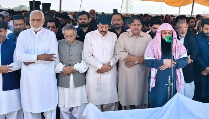 The image shows funeral prayer of the elder sister of the Speaker Punjab Assembly Malik Ahmad Khan  on April 9, 2026. — Facebook@ranaiqbalkhan