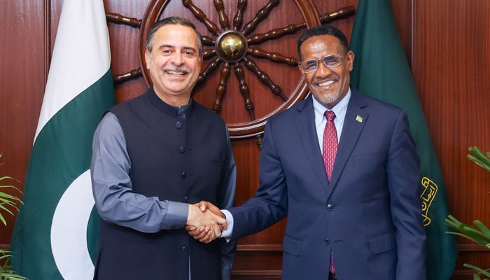 Muhammad Junaid Anwar, Federal Minister for Maritime Affairs meets Dr. Oumer Hussien Oba, Ambassador of Ethiopia to Pakistan on April 9, 2026. — Facebook@Ethiopia Embassy Islamabad/Screengrab