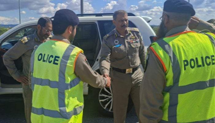 Inspector General, National Highways and Motorway Police (NHMP), Sultan Ahmed Chaudhry, meets officials on April 9, 2026. — APP