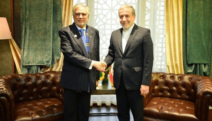 Deputy PM Ishaq Dar (left) shakes hands with Iranian FM Abbas Araghchi ahead of their bilateral meeting in Iran, Dec 3, 2024. — PID