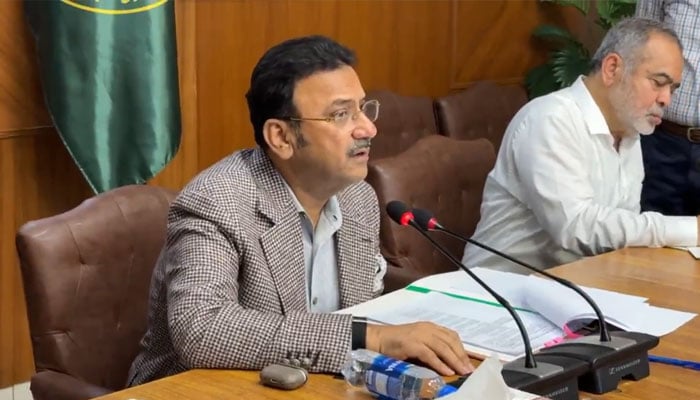 Sindh Home Minister Ziaul Hassan Lanjar chairing a meeting on on April 9, 2026. — X@ZiaLanjar/Screengrab