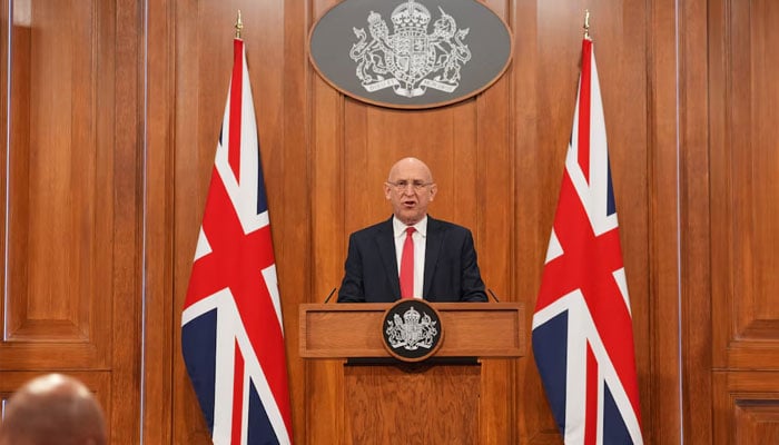 Britains Defence Secretary John Healey delivers a statement on recent UK operational activity at 9 Downing Street in Westminster, central London, Britain, April 9, 2026.—Reuters