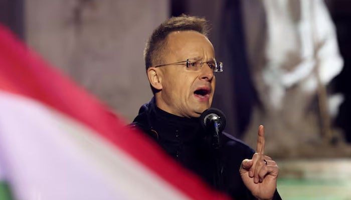 Hungarian Foreign Minister Peter Szijjarto speaks during an election campaign rally in Gyor, Hungary, March 27, 2026.—Reuters