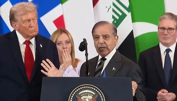 Prime Minister Shehbaz Sharif speaks following the signing of the Gaza peace deal in Sharm el-Sheikh, Egypt, on October 13, 2025. — Screengrab via YouTube/Geo News