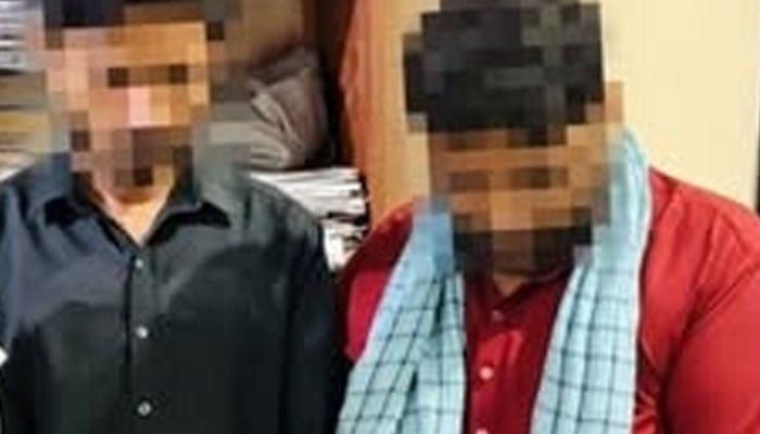 The image shows two people arrested by the FIA Anti-Corruption Circle Lahore on April 9, 2026.  — Facebook@FIAAgencyOfficial