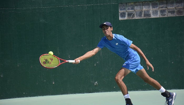 Miakeel Ali Baig in action during ITF Pakistan 3rd Zainab Ali Naqvi Memorial World Juniors Tennis Championship (Leg-1) at the PTF Complex courts, April 10, 2026. — Facebook/@PAKTENNIS