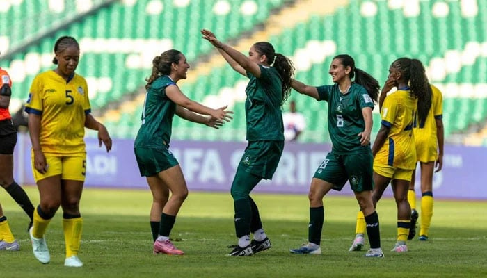 Pakistan womens football players celebrate scoring a goal during a match against Turks and Caicos Islands, Alassane Ouattara Stadium in Abidjan, Ivory Coast, FIFA Series, April 9, 2026. — Geo News