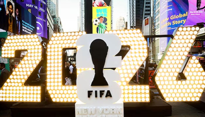 The New York/New Jerseys FIFA World Cup 2026 logo is revealed during the kickoff event in Times Square in New York City, US, May 18, 2023. — Reuters