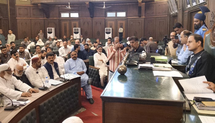 Karachi Mayor Barrister Murtaza Wahab chairing the KMC City Council  on April 10, 2026. — Facebook@KmcPakistan