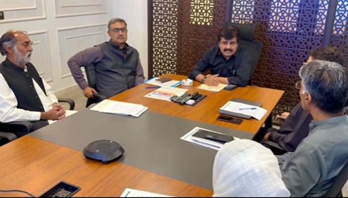 Sindh Education Minister Syed Sardar Ali Shah is seen in a meeting on April 10, 2026. — Facebook@sardarshah.offical/Screengrab