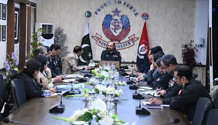 Sindh Inspector General of Police (IGP) Javed Alam Odho chairing a meeting on April 10, 2026. — Facebook@sindhpolicedmc