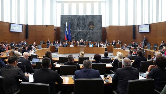 Slovenian Prime Minister Robert Golob speaks as the parliament debates about the recognition of Palestine as an independent state, in Lubljana, Slovenia June 4, 2024. — Reuters