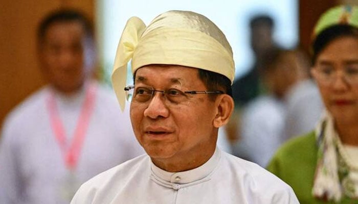 Myanmar president Min Aung Hlaing arrives for a session of the Pyidaungsu Hluttaw in Naypyidaw on April 10, 2026. (AFP)