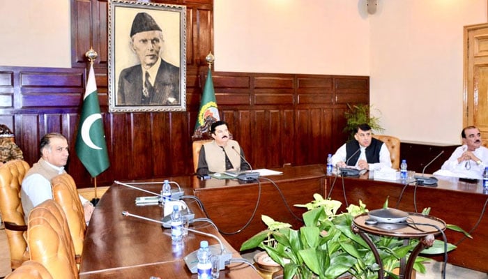 Khyber Pakhtunkhwa Governor Faisal Karim Kundi chairing a meeting in the Governor House on April 11, 2026. — Facebook@FaisalKarimKundi