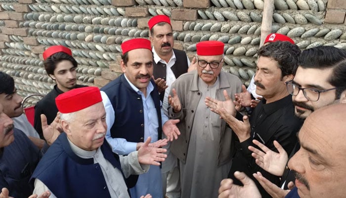 Awami National Party (ANP) provincial President Mian Iftikhar Hussain in a gathering in Kalabat village on April 11, 2026. — Facebook@MianIftikharHus