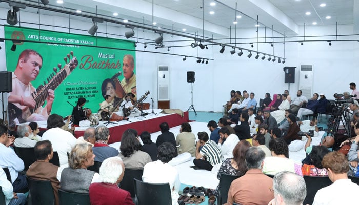 The image shows a glimpse from “Musical Baithak” at the Haseena Moin Hall of the Arts Council of Pakistan Karachi on April 11, 2026. — Facebook@ACPKHI