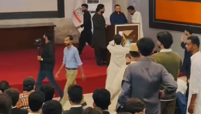 The image shows a glimpse from a PPP Karachi event marking the death anniversary of PSF activist Najeeb Ahmed, on April 9, 2026. — Facebook@sajidhussain.umrani/Screengrab