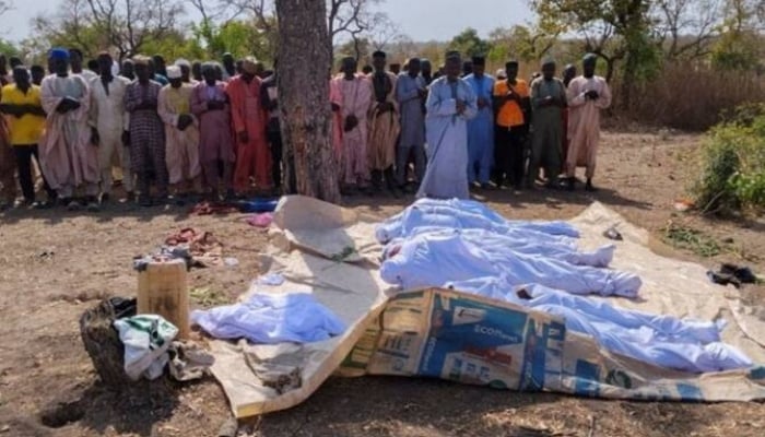 Villagers offering Janaza prayers of the people killed in clashes with bandits in northern Nigerias Zamfara sate. — X/@BishopPOEvang